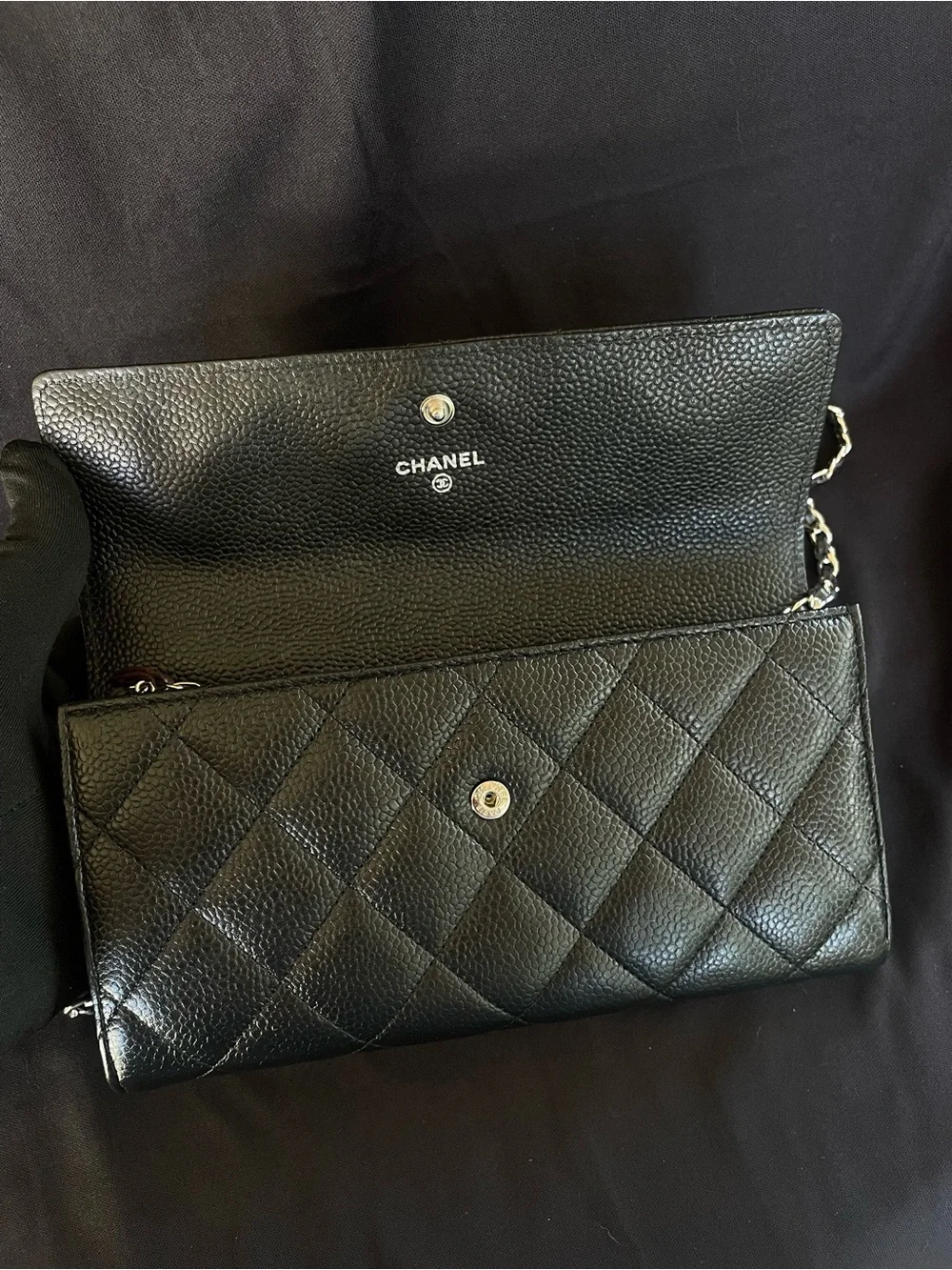 Auth. 🖤BLACK  CHANEL CAVIAR LONG WALLET WITH SILVER TONE HARDWARE.